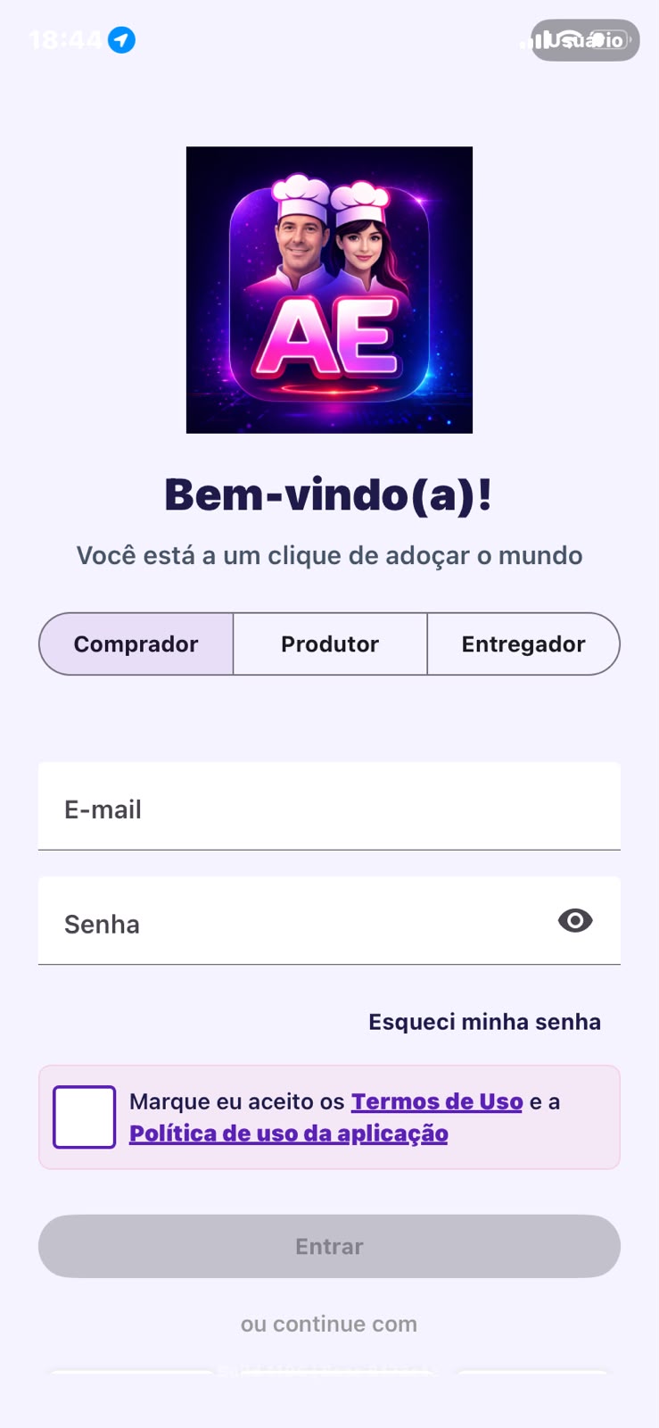 Tela de acesso do aplicativo Açucaradas Encomendas